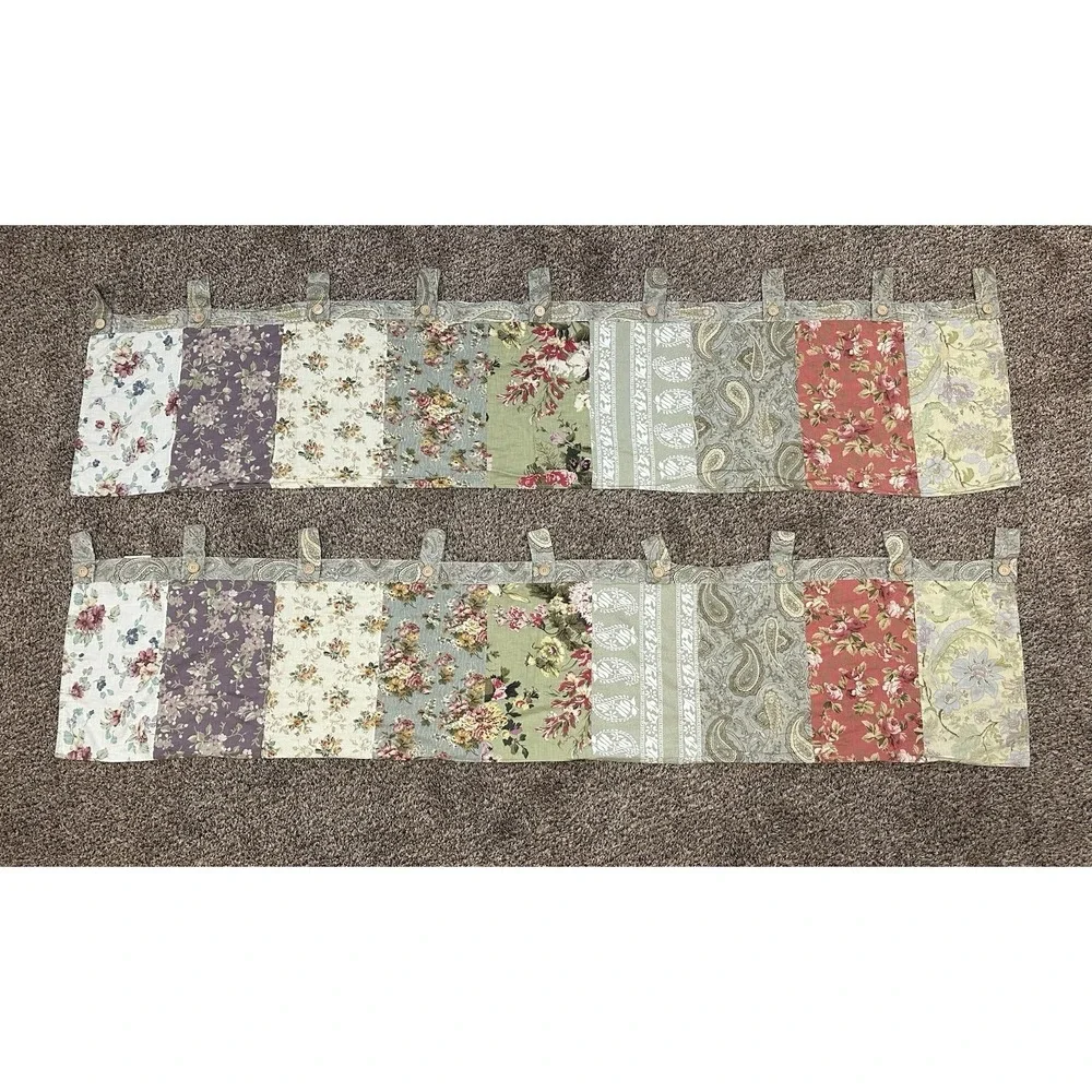 2 Vintage Patchwork Floral Tab Top Valance Pair Cottagecore Farmhouse Country
